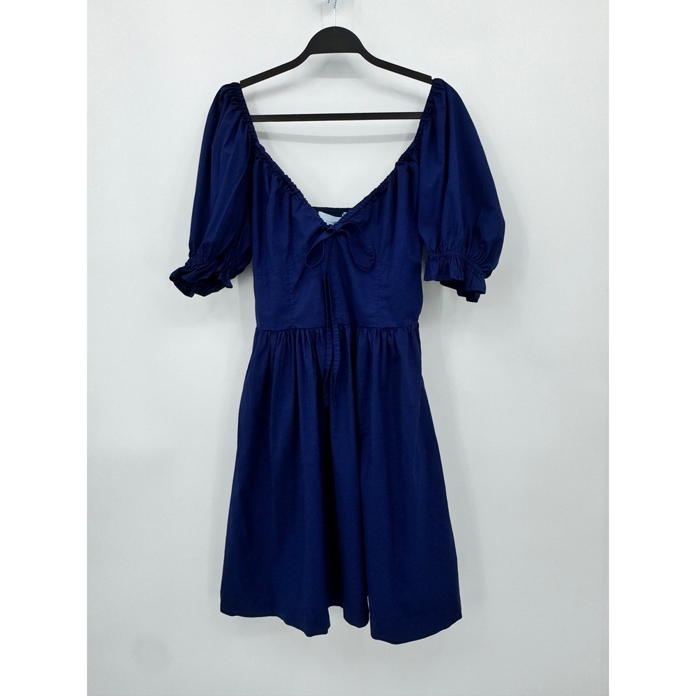 Hill House Athena Nap Dress Women Large Navy Blue Smocked Puff Sleeve Mini